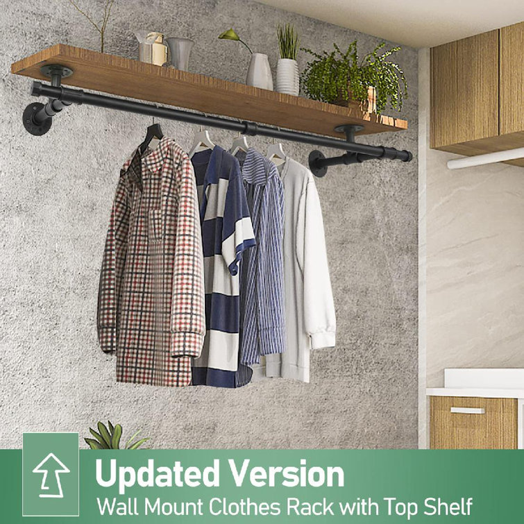 Wall mounted clothing discount rack with top shelf